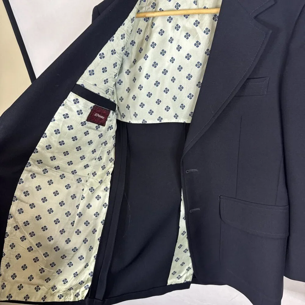 Vintage JCPenney Navy Blazer 38R Retro Sport Coat Mexico Mod‎ Lined Disco Blue